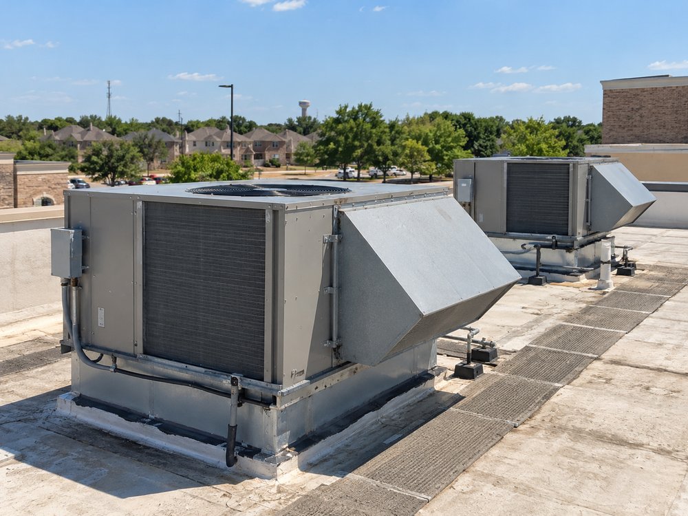 Illustrative HVAC photograph: Two packaged rooftop units on a small single-storey commercial building